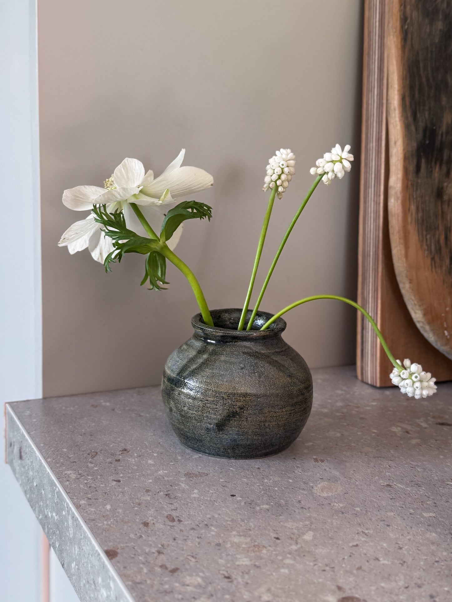 Vintage Studio Pottery Bud Vase, Inky Blue & Moss Green Glaze, Stamped “DD”