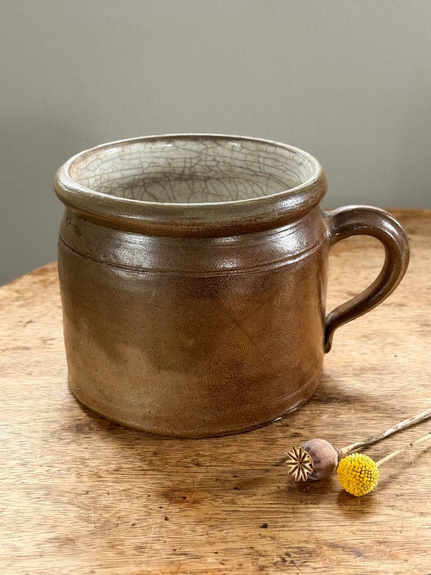 Large Antique French Confit Pot with Grey Crackle Interior