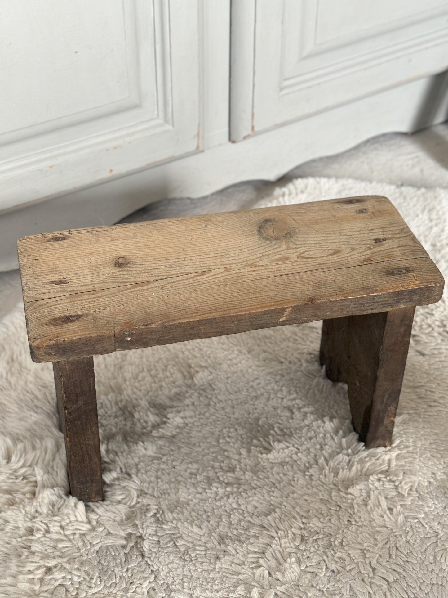 Antique Welsh 1800s Child’s Handmade Wooden Folk Art Stool