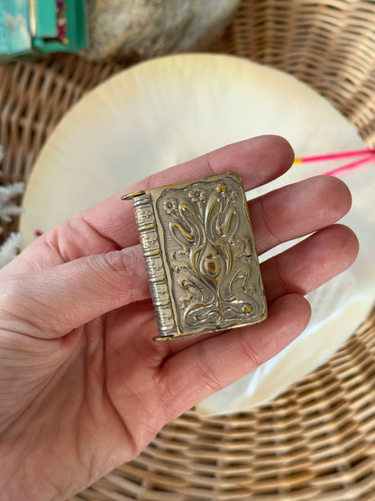 Vintage Silver Plated Book Shaped Vesta Case with Floral Etchings