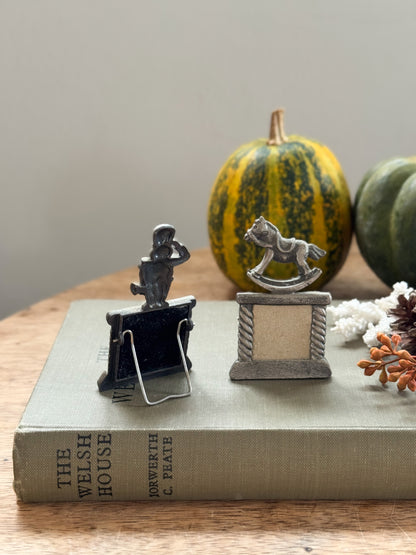 Pair of Vintage Miniature Pewter Frames, Soldier & Rocking Horse