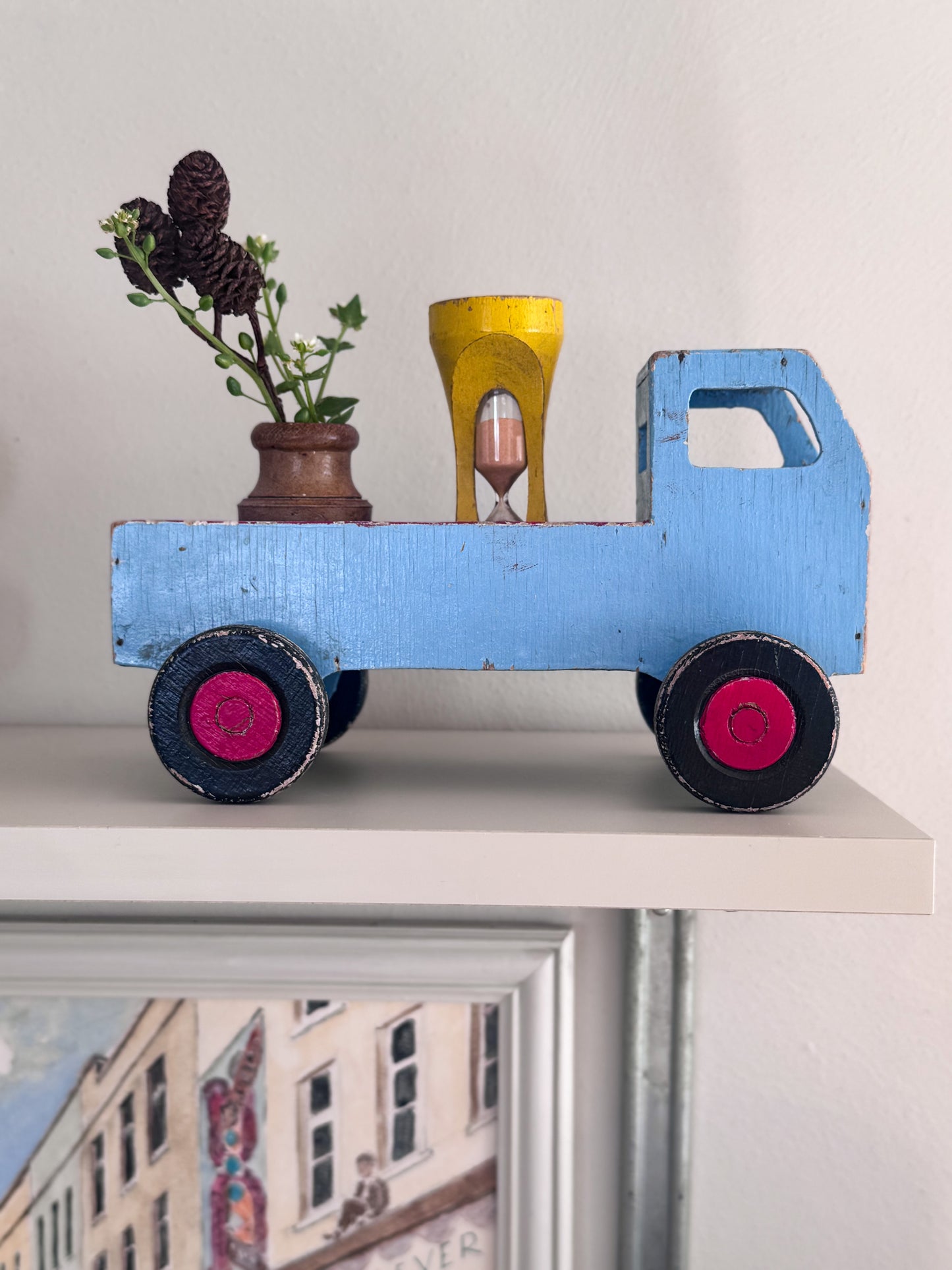 Vintage 1950s Handmade Folk Art Wooden Truck, Blue & Red Chippy Paint