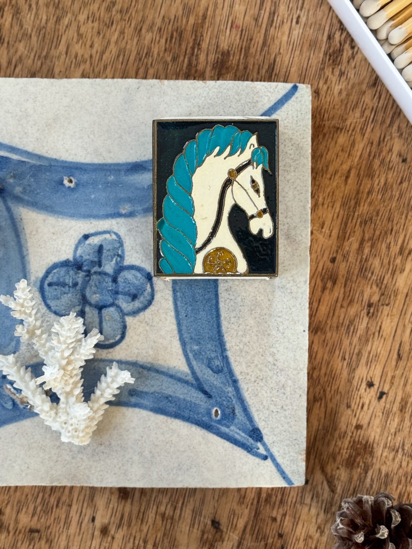 Vintage Brass & Enamel Horse Matchbox Cover (With Matches)