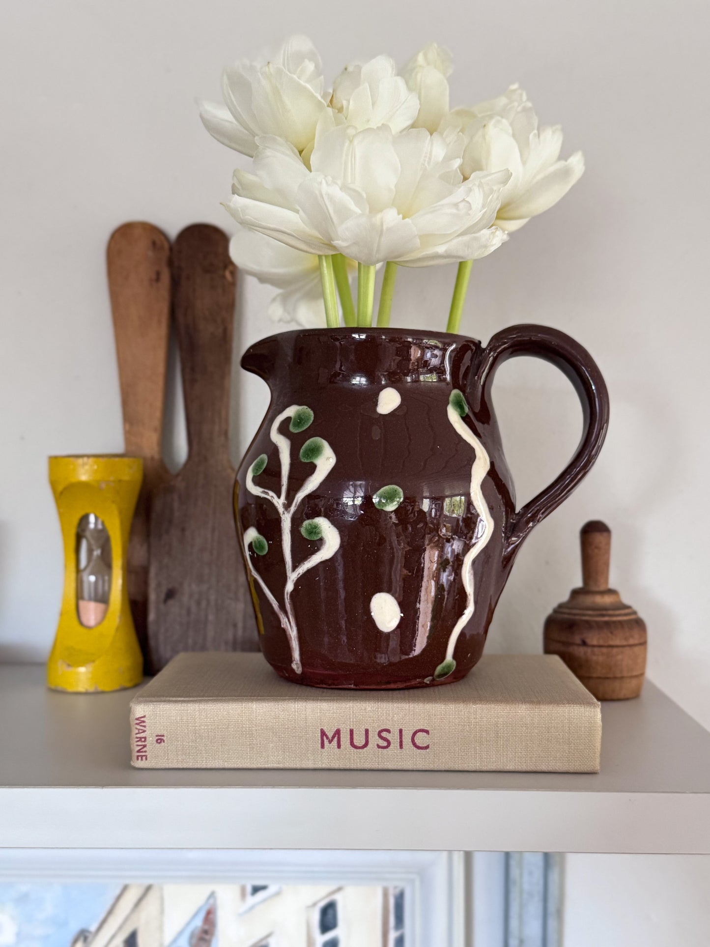 Rare Vintage 1937 Studio Pottery Slipware Oak Leaf Jug, One-Of-a-Kind