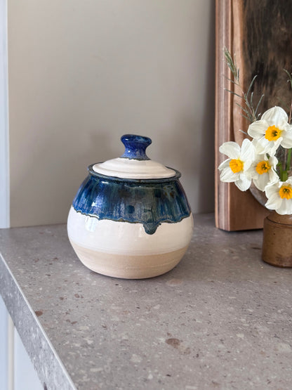 Vintage Studio Pottery Blue Drip Glaze Lidded Pot