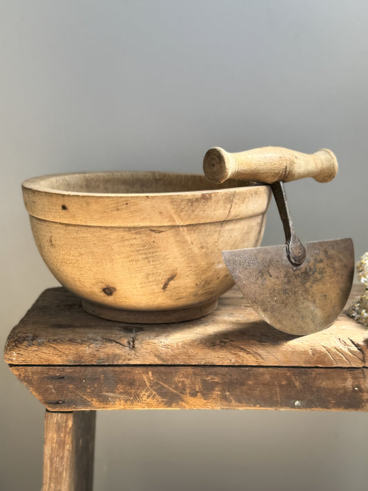 Vintage Handmade Pine Mortar & Mezzaluna Knife