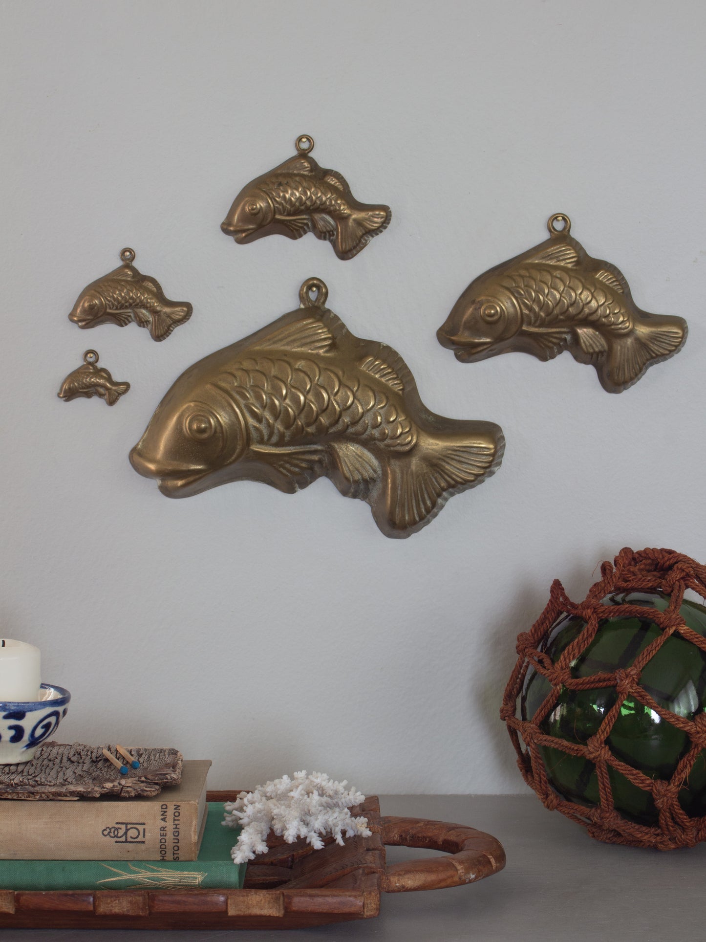 Vintage Solid Brass School of Five Wall-Mounted Fish