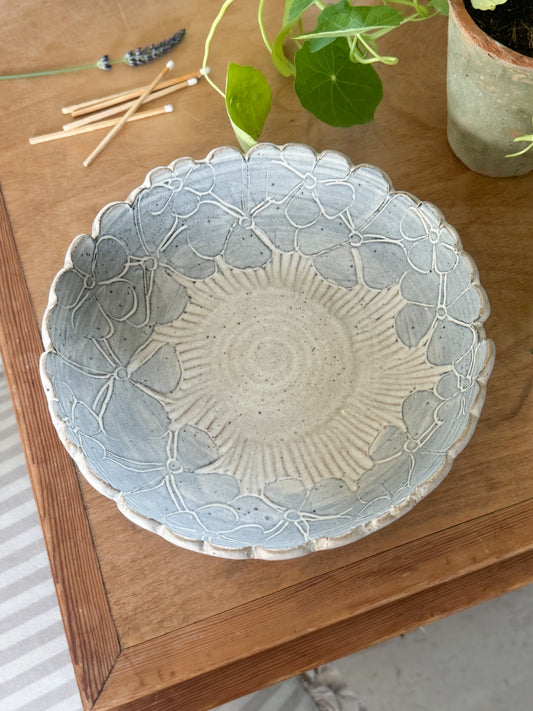 Handmade Studio Pottery Bowl by Syl and Ray Macro, Floral Design & Scalloped Edge