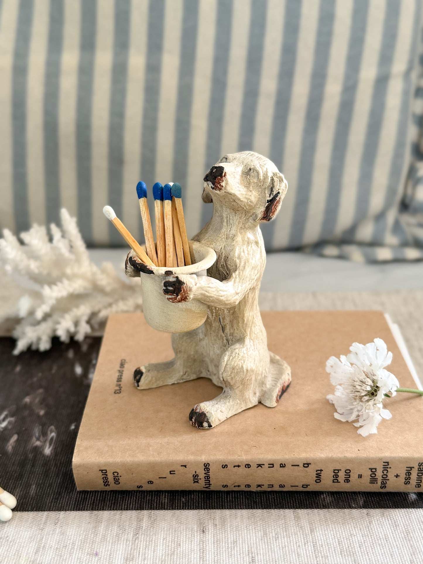 Vintage 1940s–1950s Handpainted Cast Iron Dog Candleholder / Match Holder