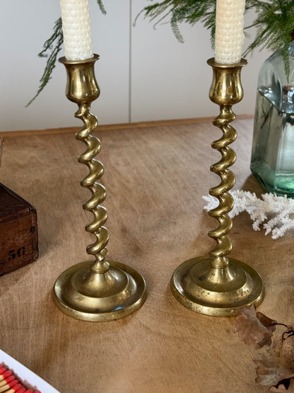 Vintage Solid Brass Barley Twist Candlestick Pair