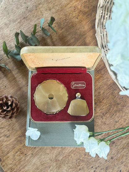 Vintage 1950s Stratton Brass Perfume Bottle & Compact Set | Vanity Set, Un-used & In Original Box