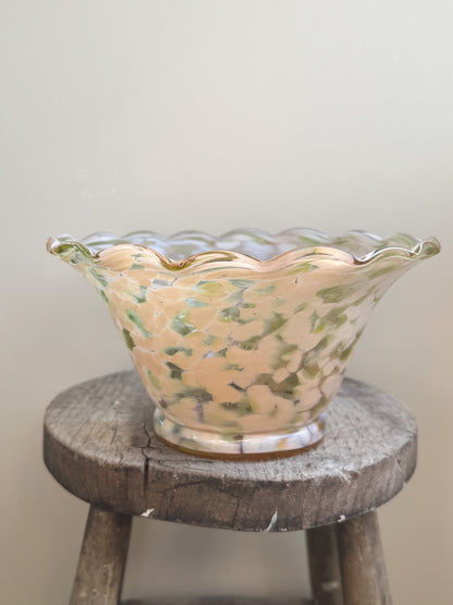 Vintage Handblown Art Glass Pastel Pink Spatter Glass Scalloped Bowl