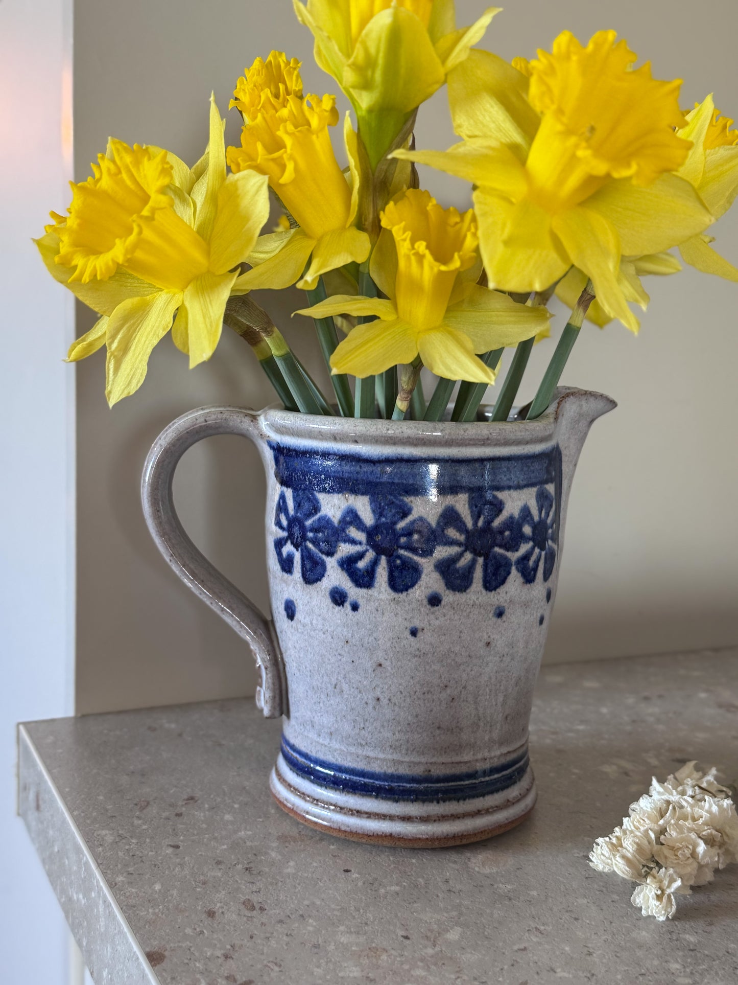 Vintage Studio Pottery Blue & White Floral Jug by David Morris, Laceby Pottery