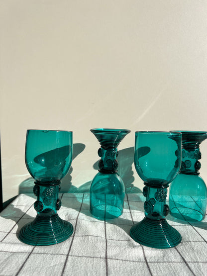 Antique c1820 German Rhenish  Römer Turquoise Wine Goblets (Set of 5)