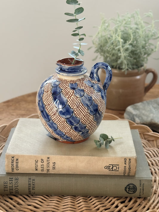 Vintage Glazed Blue Slipware Sculptural Jug