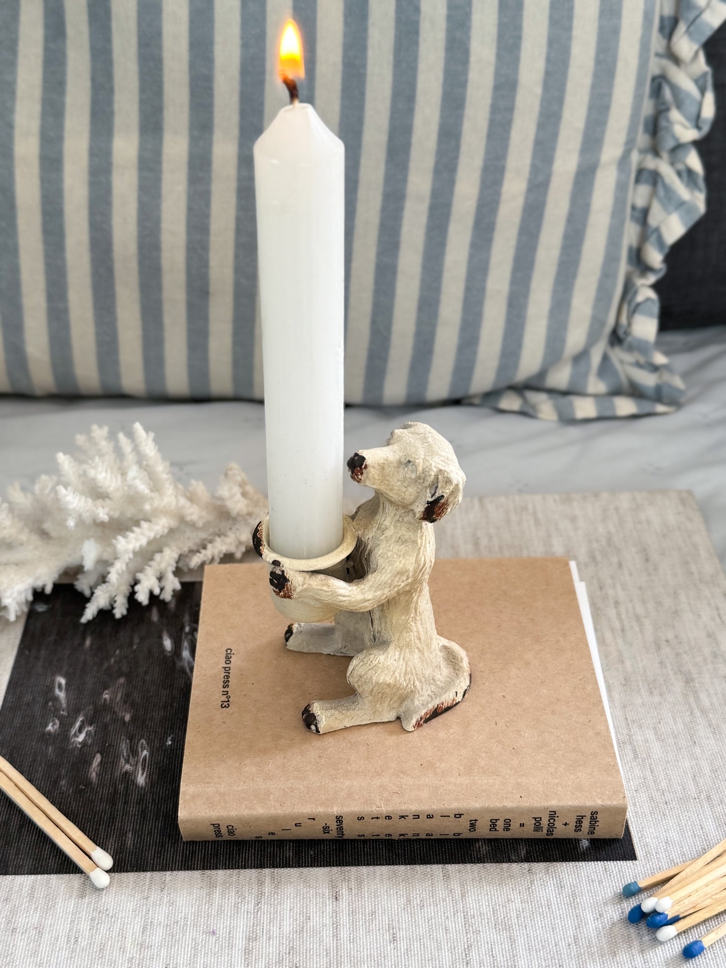 Vintage 1940s–1950s Handpainted Cast Iron Dog Candleholder / Match Holder