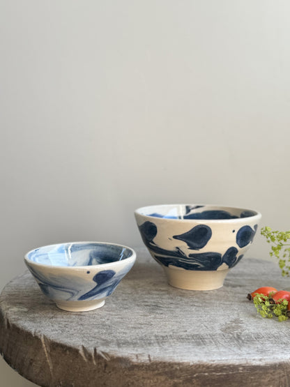 Pair of Studio Pottery Small Blue Marbled Bowls