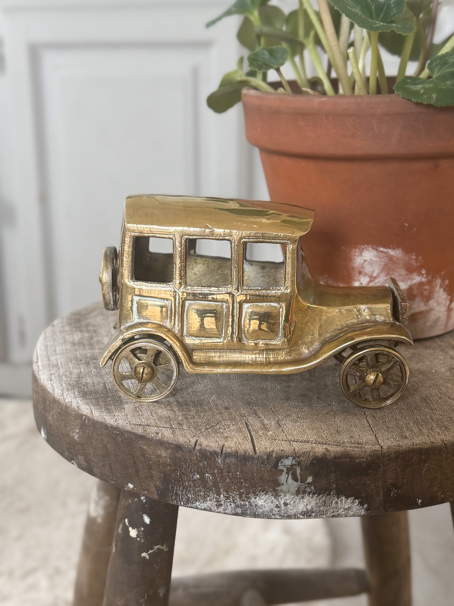 Vintage Solid Brass Car with Turning Wheels