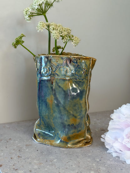 Incredible Studio Pottery Sculptural Vase with Impressed Floral Design, Signed C.Raven