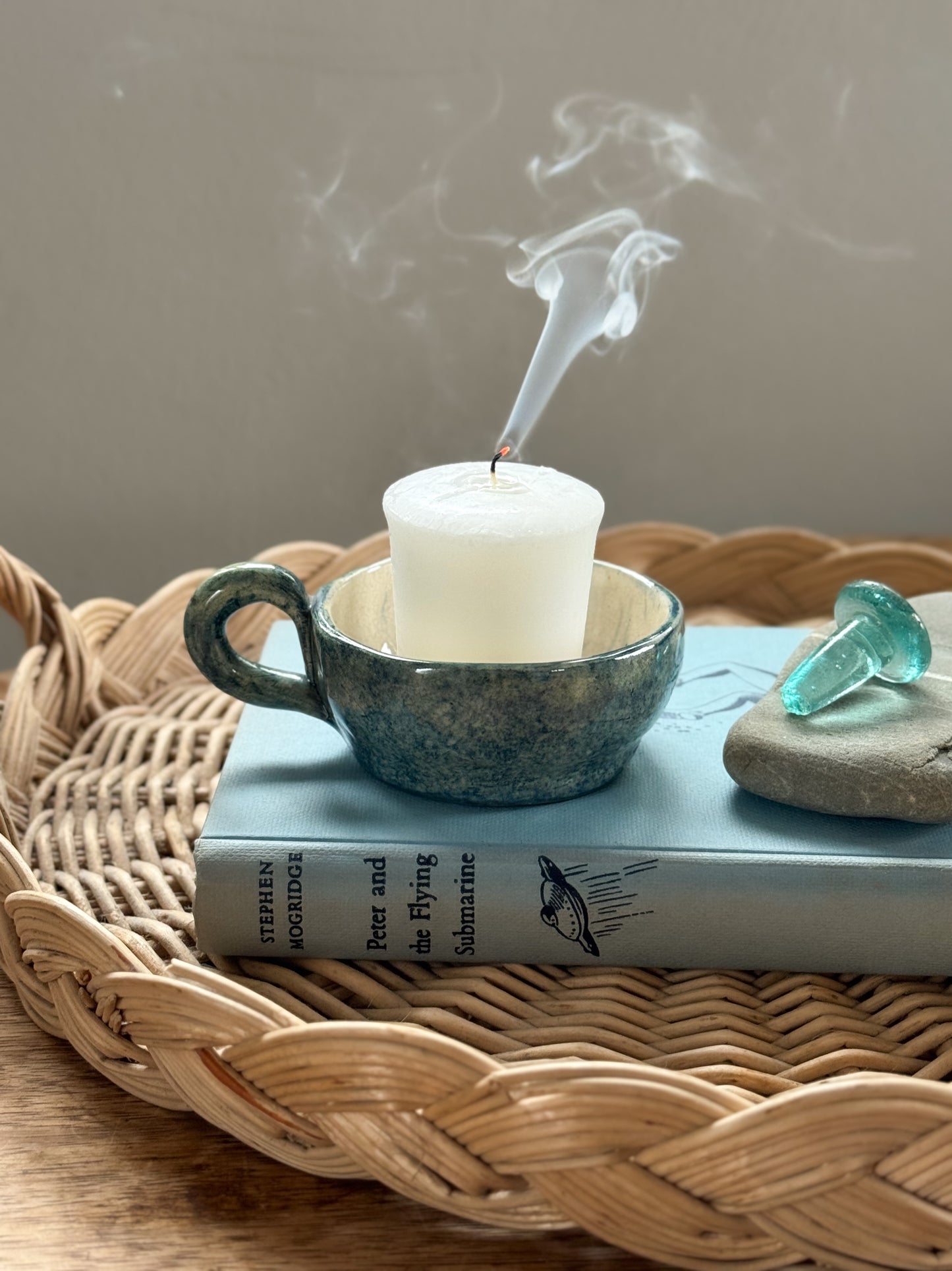 Vintage Speckled Blue Studio Pottery Candle Holder