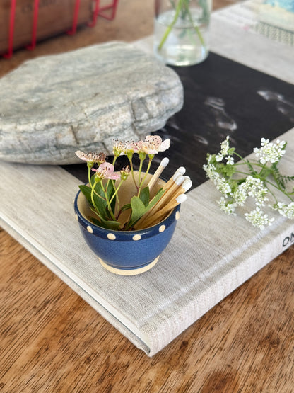 Tiny German Studio Pottery Bowl – Cobalt Blue with Dotted Rim