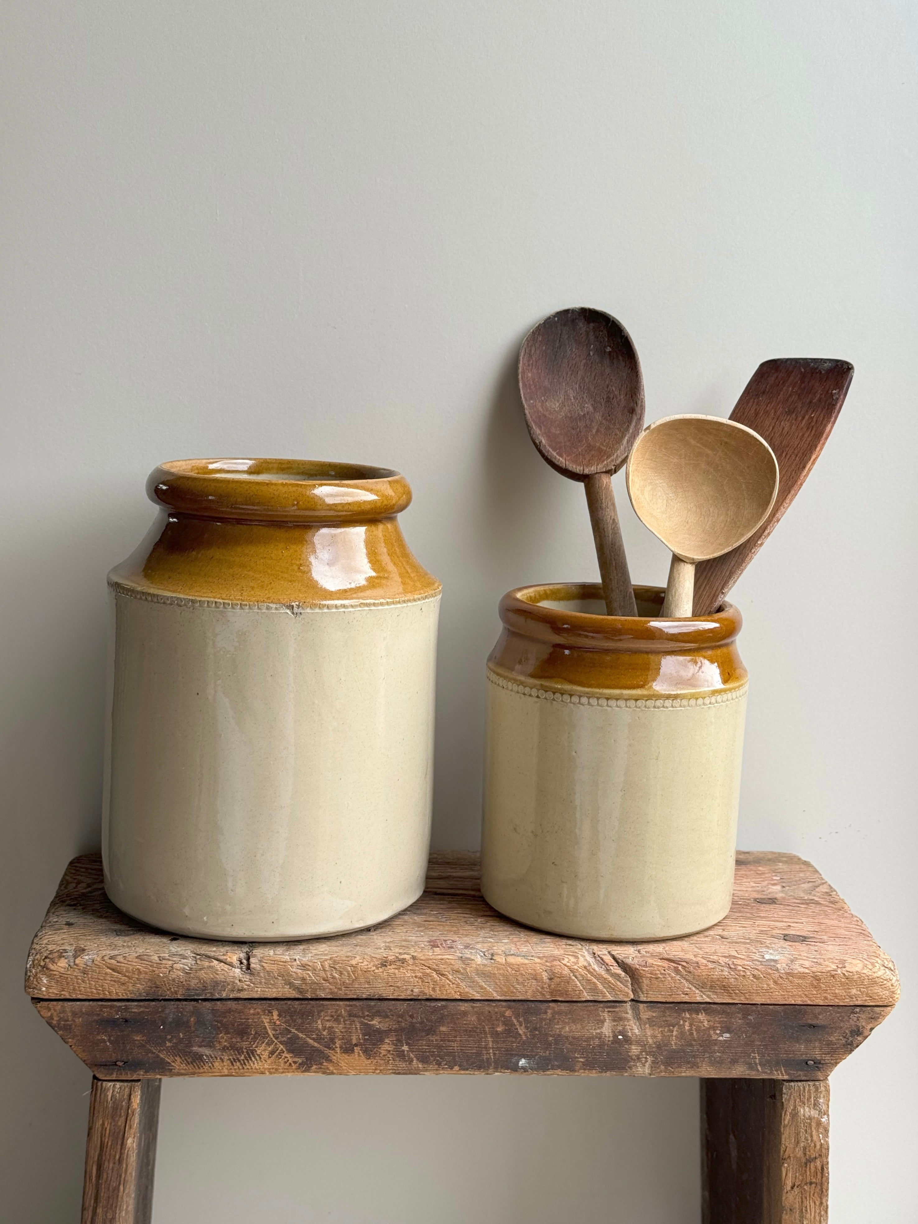 Vintage Crock shops With Wooden Utensils