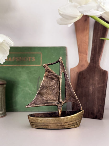 Vintage Miniature Solid Brass Sailing Boat