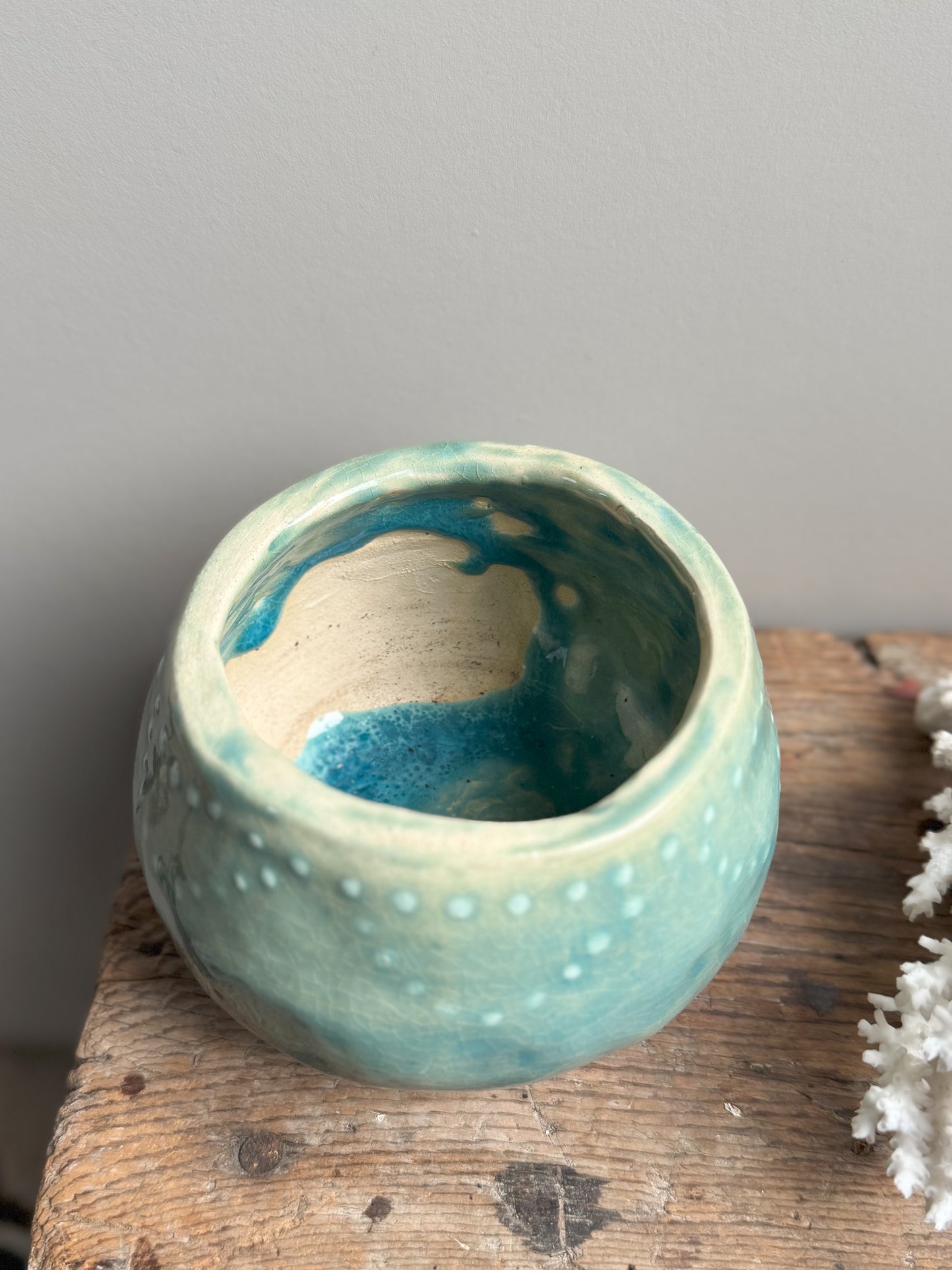 Studio Pottery Blue Textured Drip Glaze Pot