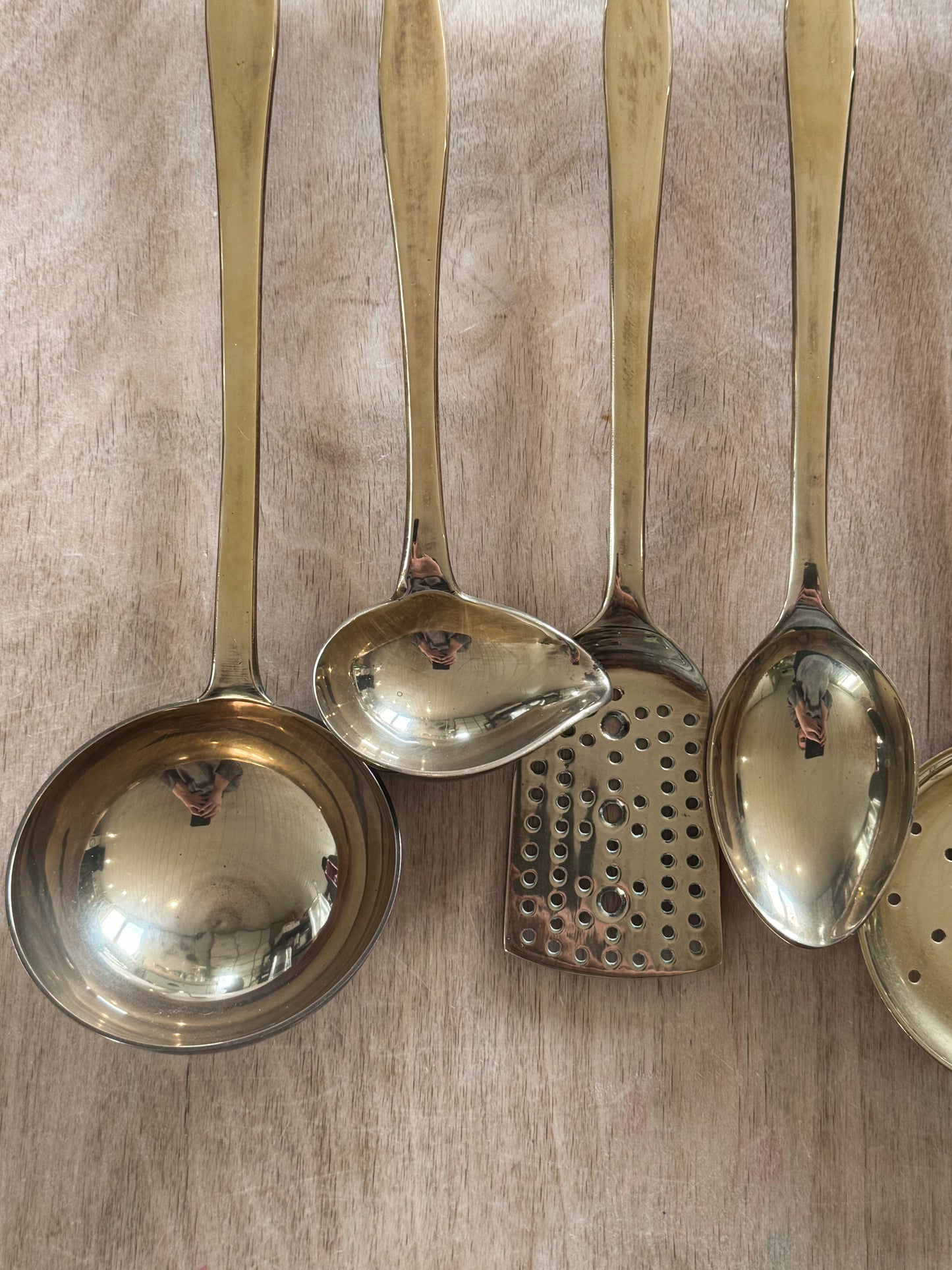 Vintage Solid Brass Kitchen Utensil Set with Hanging Rail - Set of Six