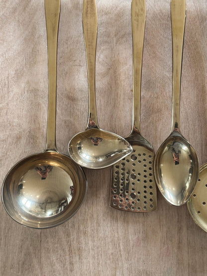 Vintage Solid Brass Kitchen Utensil Set with Hanging Rail - Set of Six