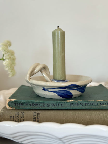 Studio Pottery Chamberstick with Roped Handle and Abstract Blue Leaf Design