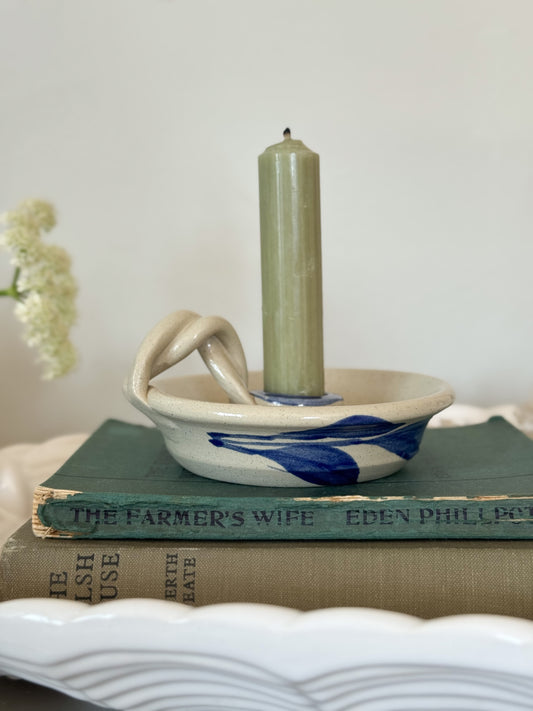 Studio Pottery Chamberstick with Roped Handle and Abstract Blue Leaf Design