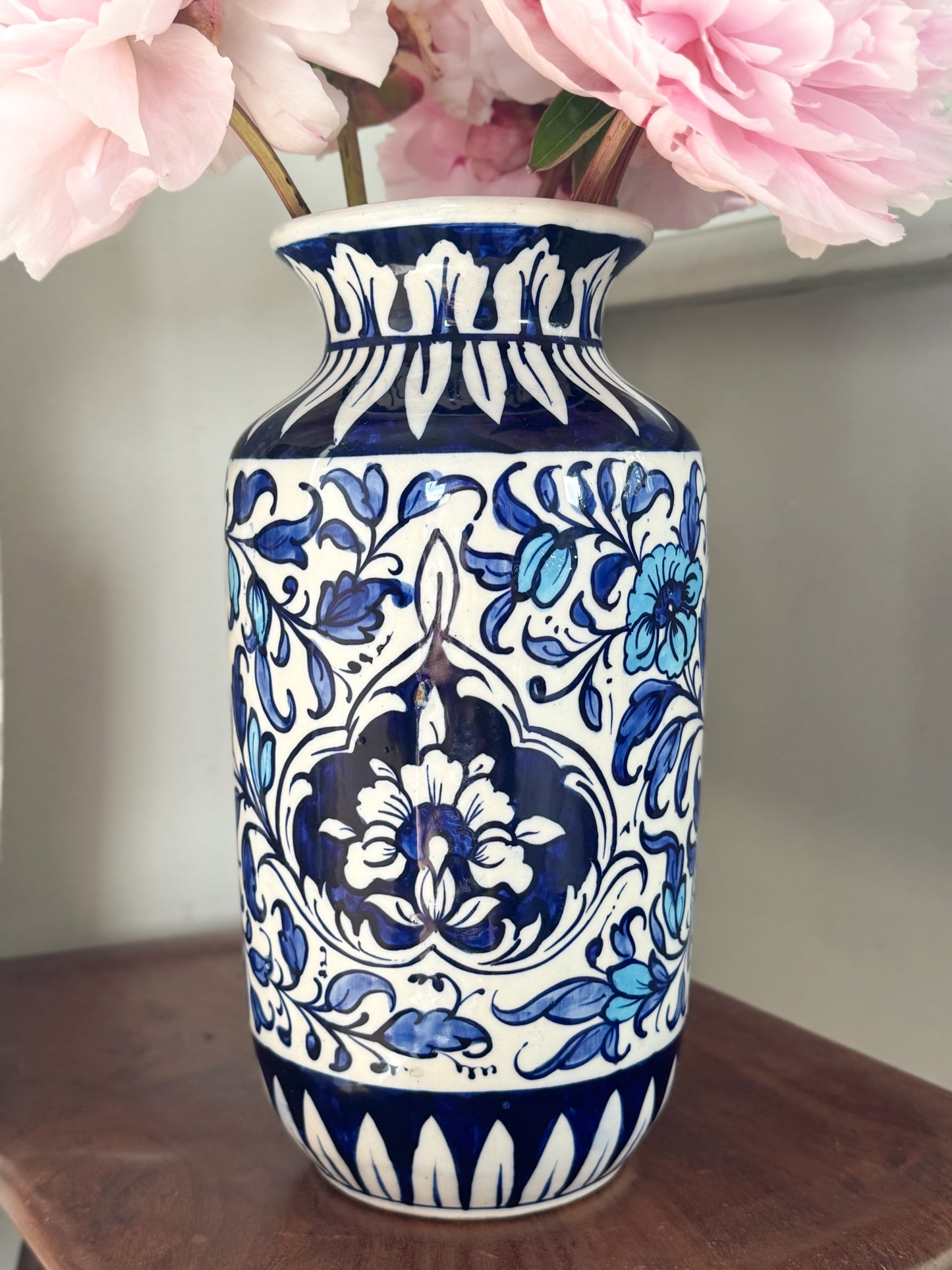 Large Vintage Blue Floral Studio Pottery Vase, Handmade in Pakistan