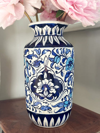 Large Vintage Blue Floral Studio Pottery Vase, Handmade in Pakistan