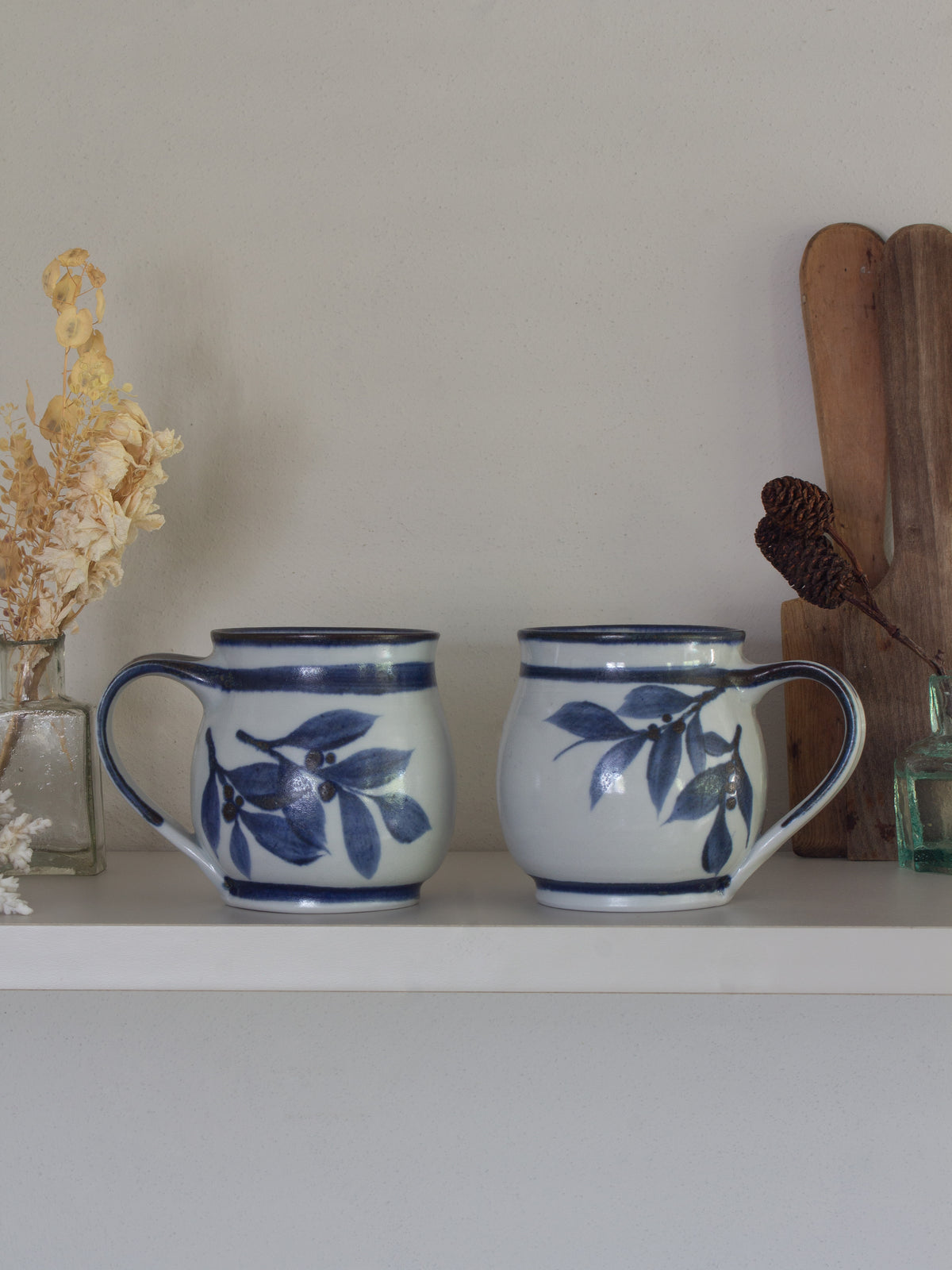 Vintage Quayside Pottery Blue & White Botanical Mugs - Pair