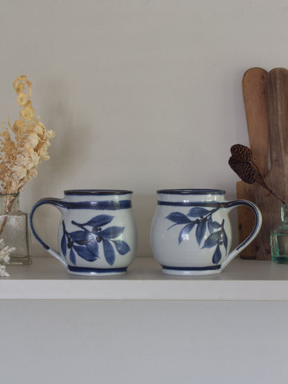 Vintage Quayside Pottery Blue & White Botanical Mugs - Pair