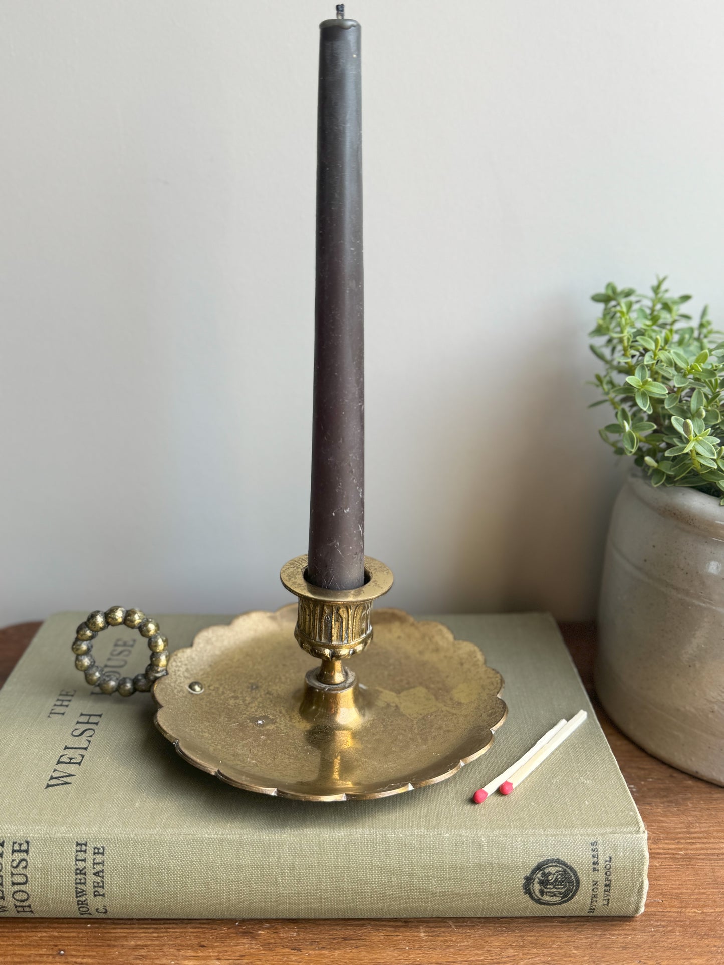 Vintage English Brass Scalloped Chamberstick with Bobbin Handle