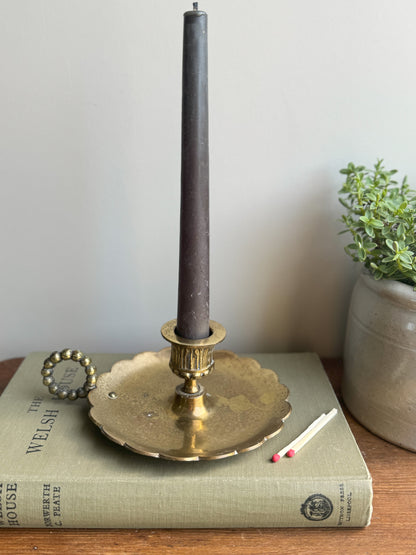 Vintage English Brass Scalloped Chamberstick with Bobbin Handle