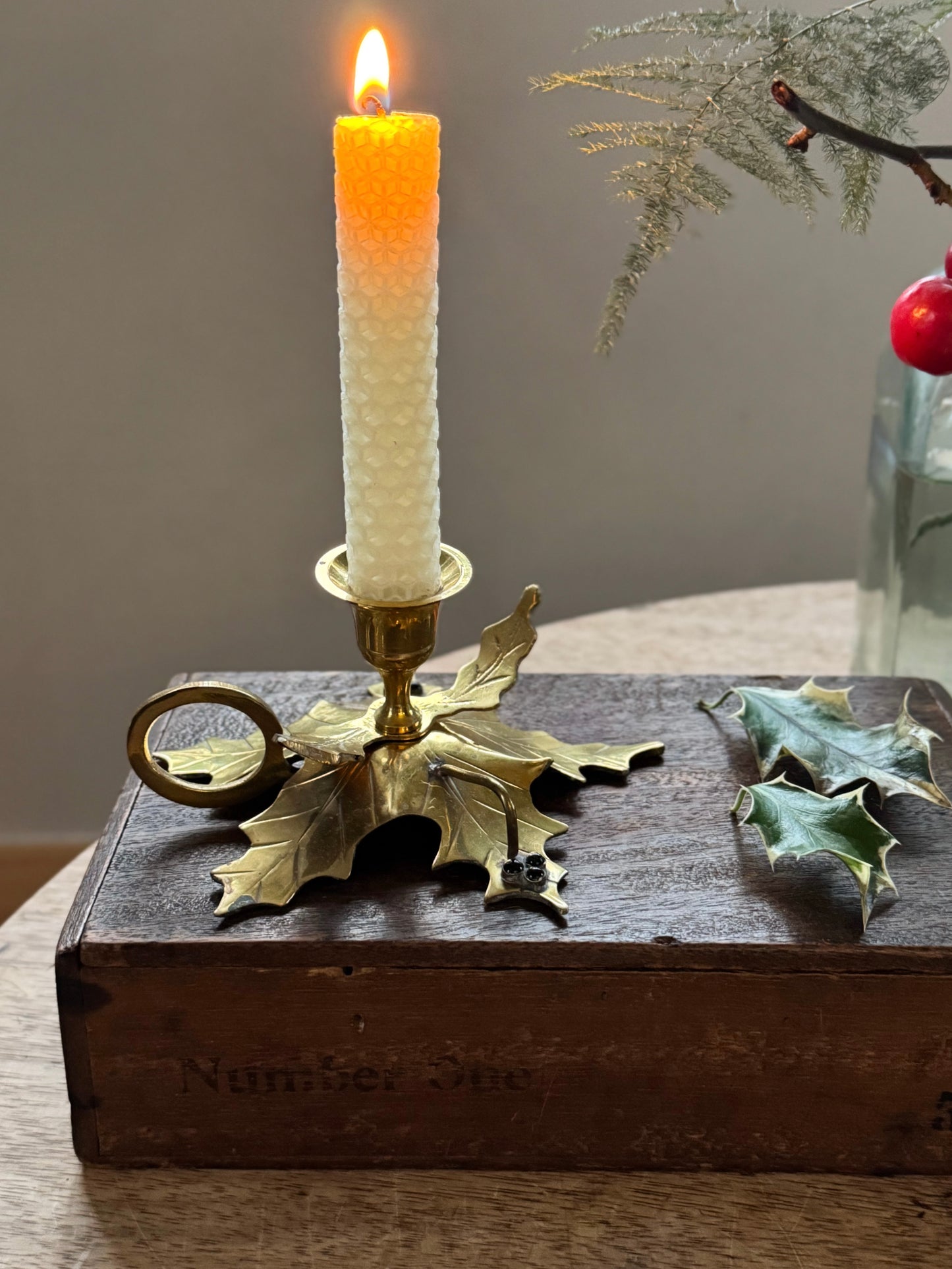 Vintage Handmade Solid Brass Holly Leaf Chamberstick with Polished Onyx Details