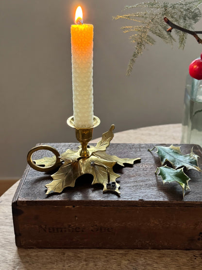 Vintage Handmade Solid Brass Holly Leaf Chamberstick with Polished Onyx Details
