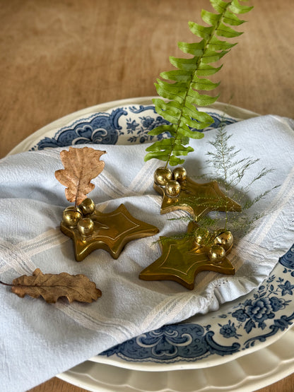 Vintage Solid Brass Holly Leaf Place Card Holders (Set of 9)