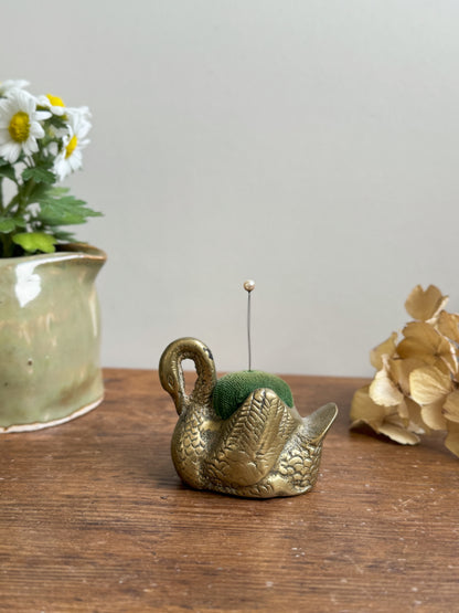 Vintage Brass Swan Pin Cushion