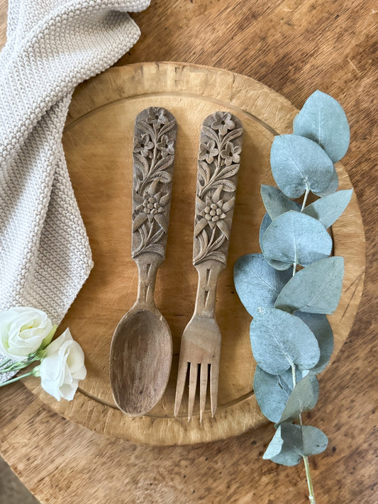 Vintage Hand-Carved German Floral Serving Set | Fork & Spoon | Made in Oberammergau