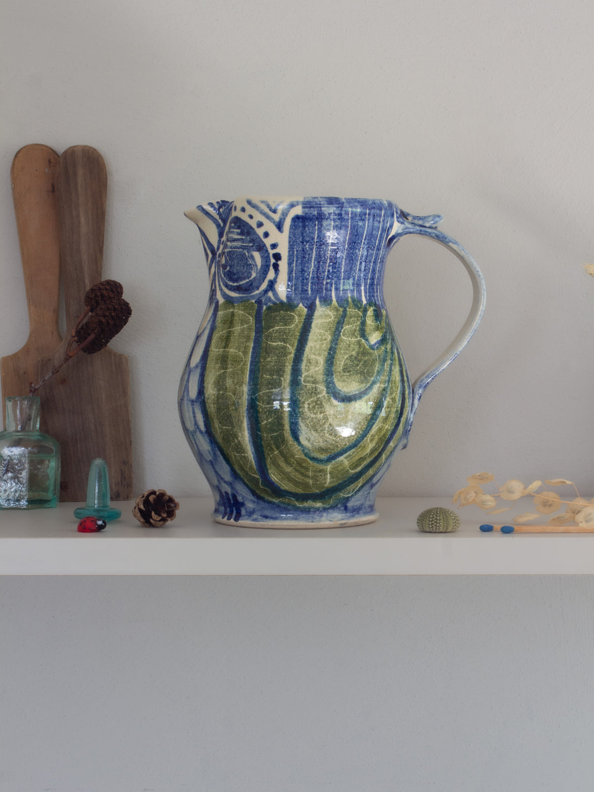 Very Rare Welsh Studio Pottery Owl Jug by Steve Barkworth, Pen y Bonc Pottery, Amlwch, Anglesey
