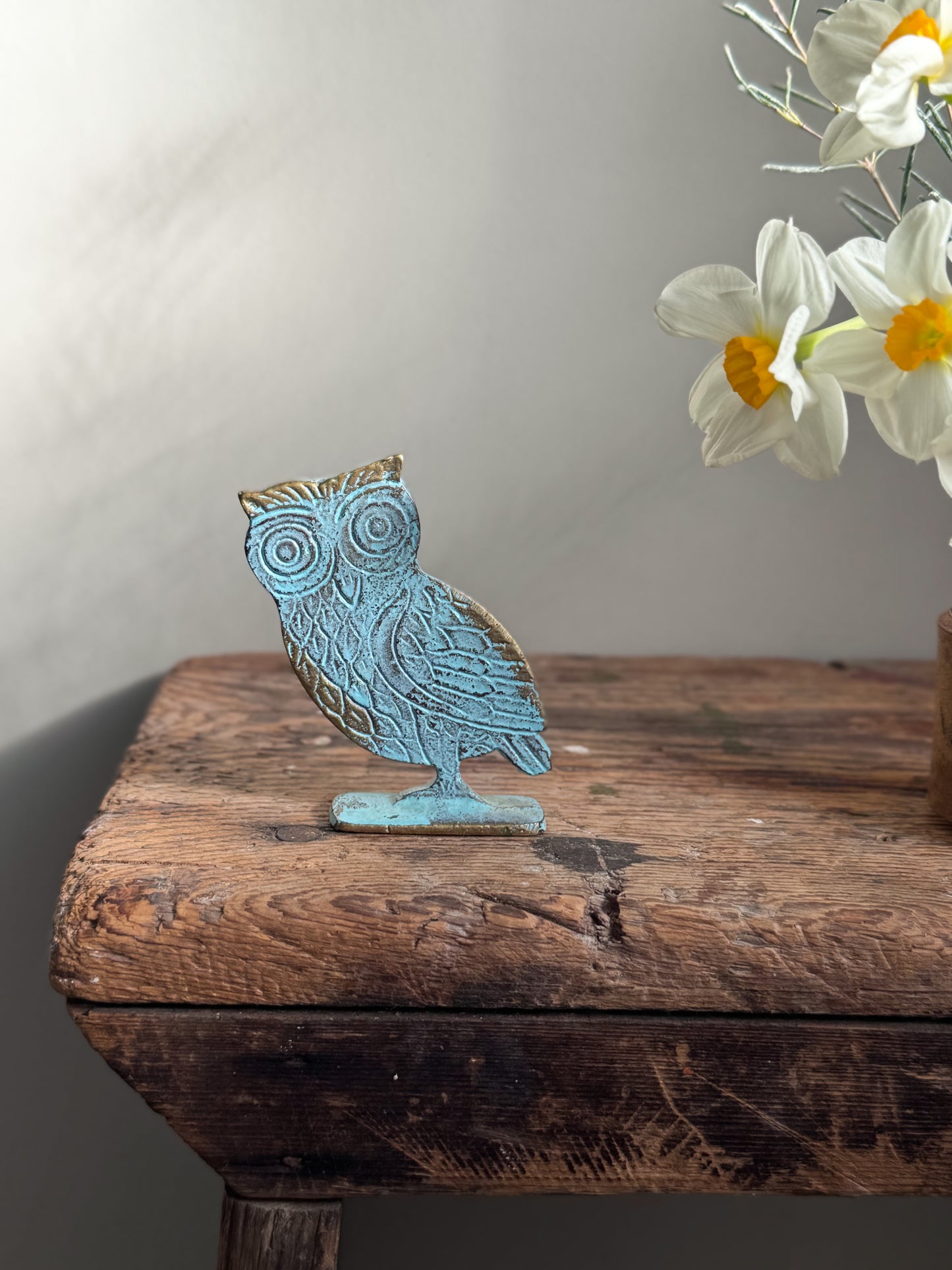 Vintage Miniature Brass Owl Figurine with Verdigris