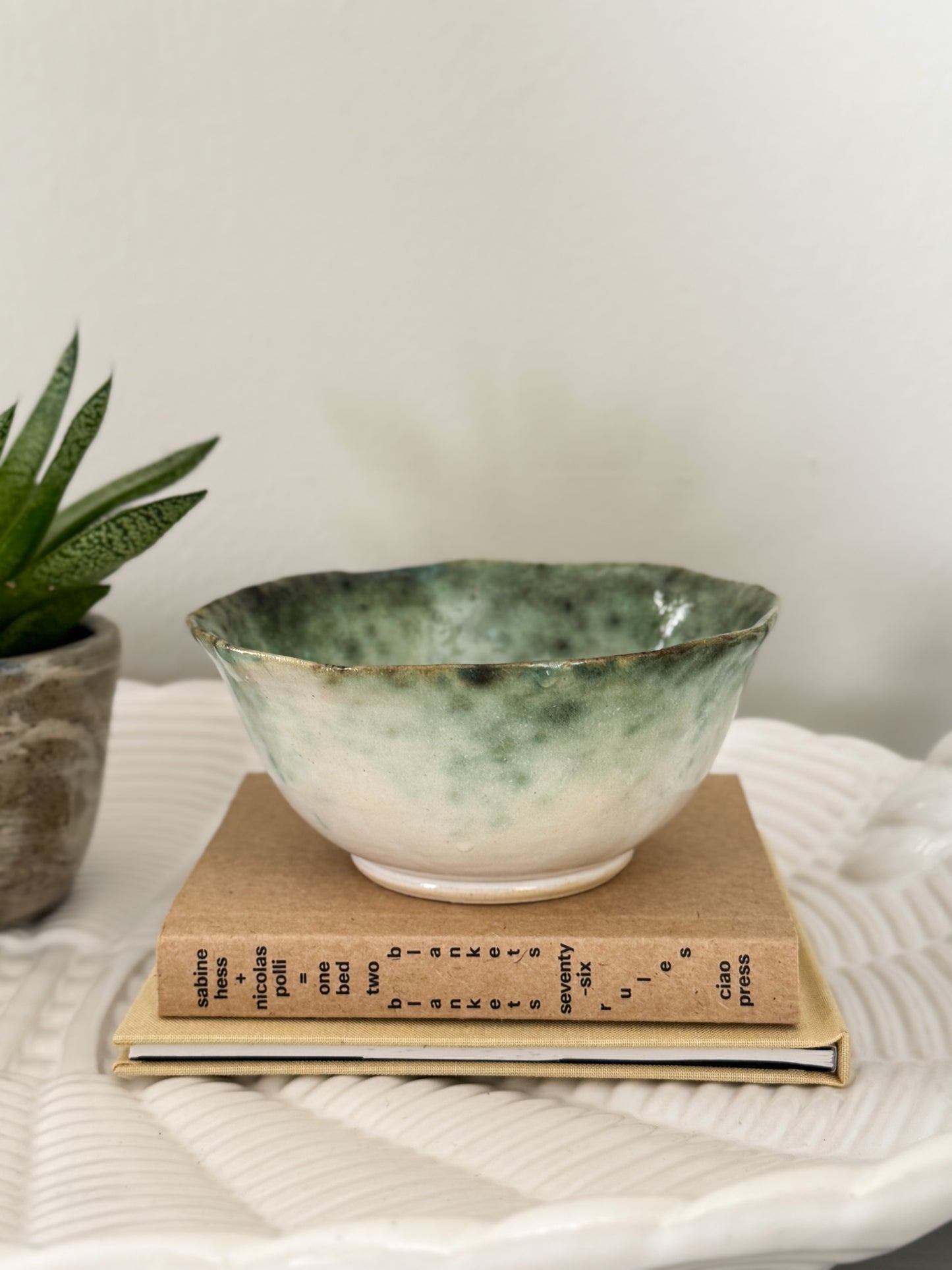 Vintage Studio Pottery Bowl with Scalloped Edge and Painterly Green Glaze