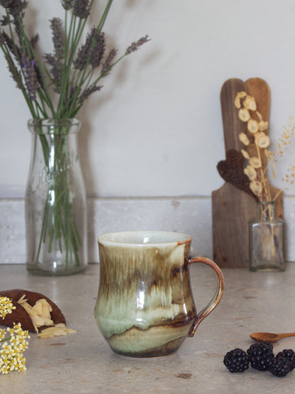Vintage Studio Pottery Green & Brown Drip Glaze Mug