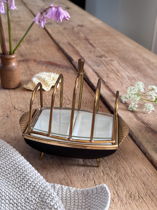 Vintage Midcentury Brass Toast Rack & Preserve Holder with Scalloped Handles