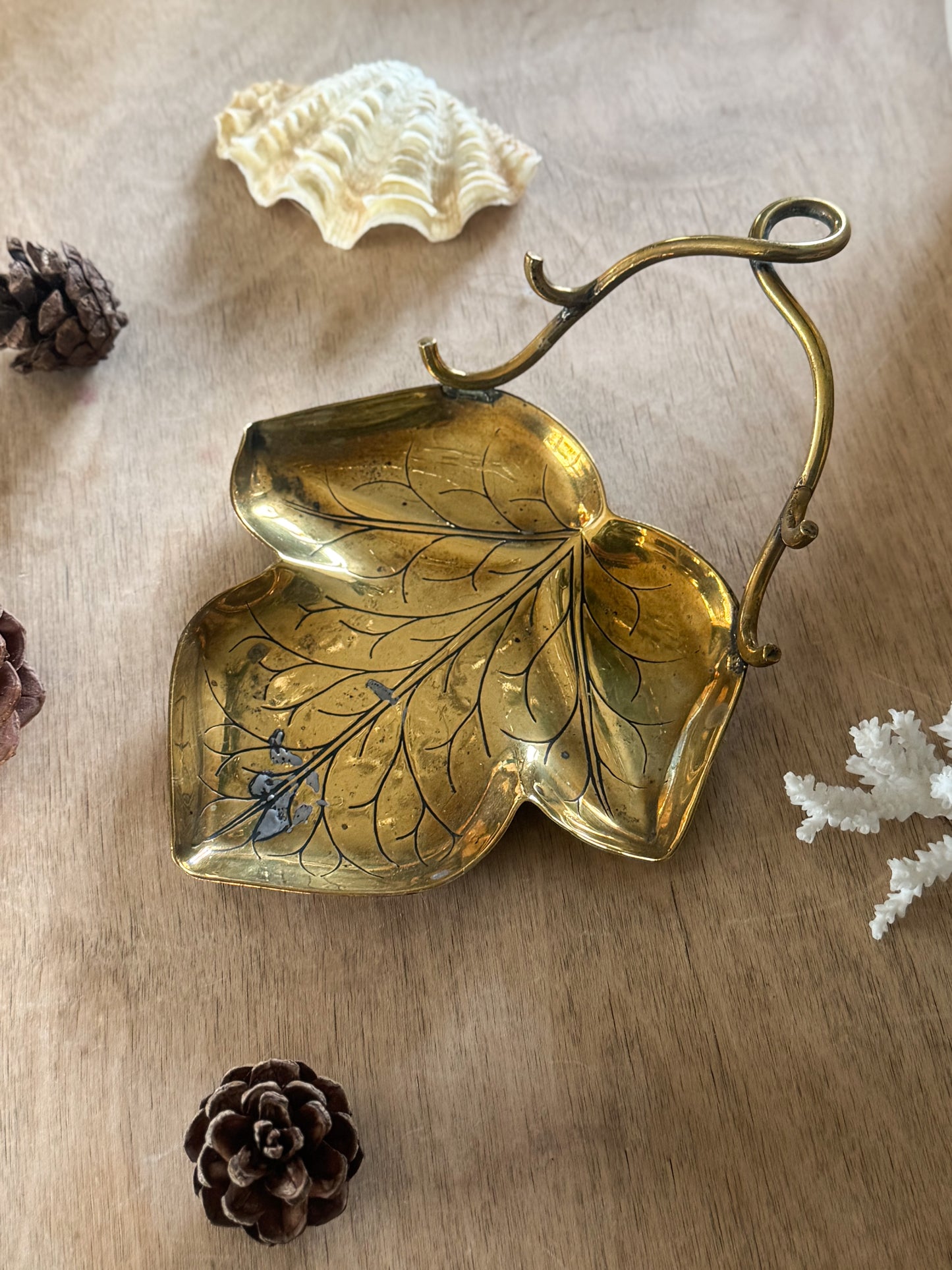 Vintage Handmade Solid Brass Leaf Dish with Handle