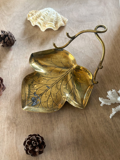 Vintage Handmade Solid Brass Leaf Dish with Handle